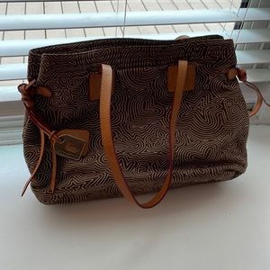 Dooney and Burke shoulder bag. Tan with hot pink interior.